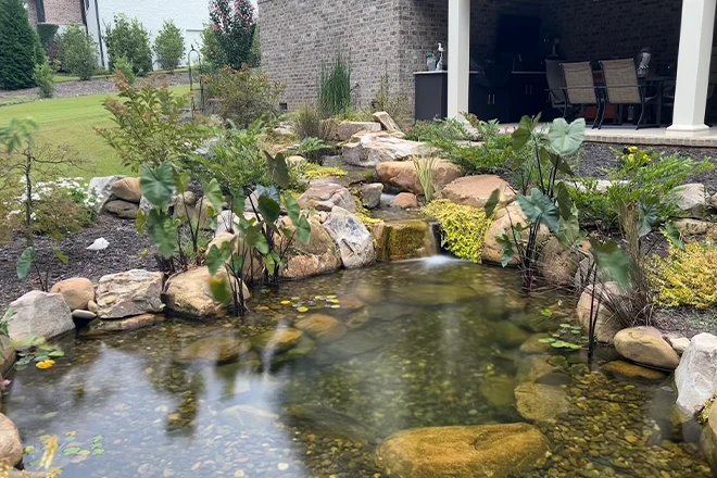 Beautiful new pond beside covered patio