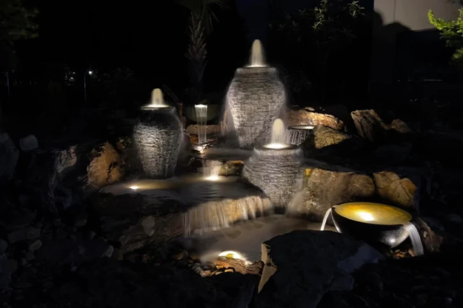 Waterfall and fountainscape with plenty of lights