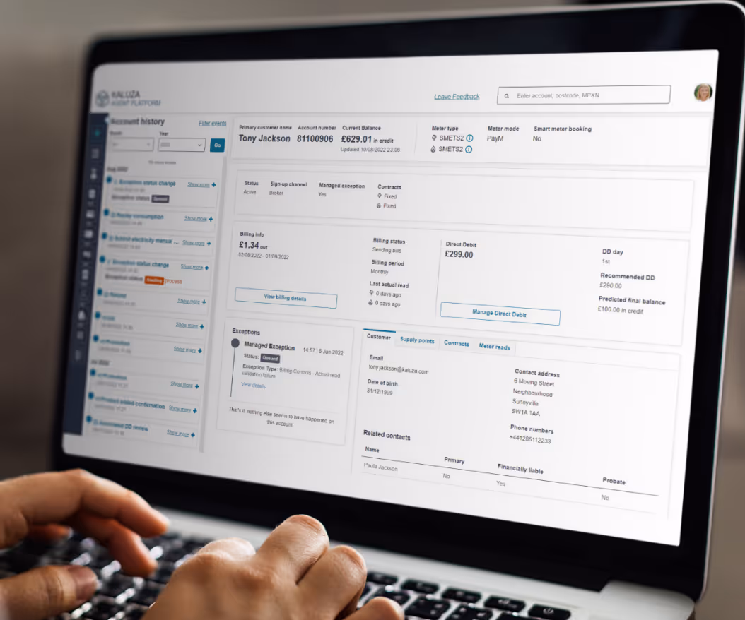 Kaluza’s Agent Experience allows agents to proactively resolve issues and provide personalised insights and support [demo account displayed]