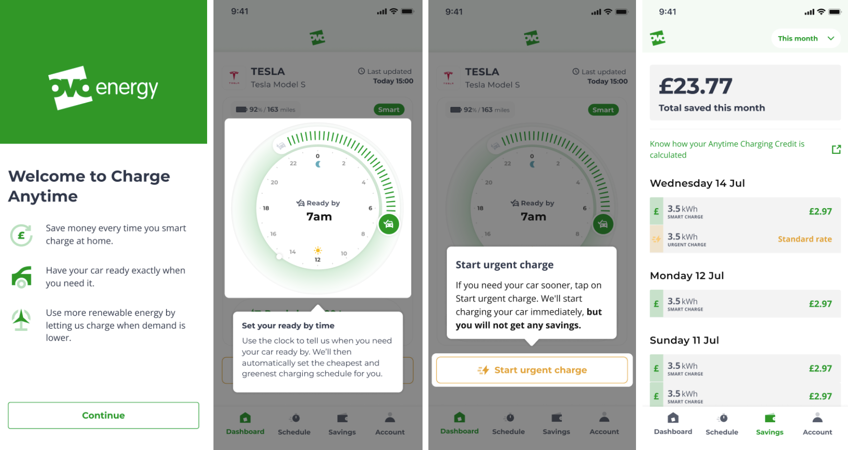 Figure 4: The Charge Anytime app allows EV drivers to easily schedule when they need their vehicle charged by, start an urgent charge session, and track savings each time they charge at home