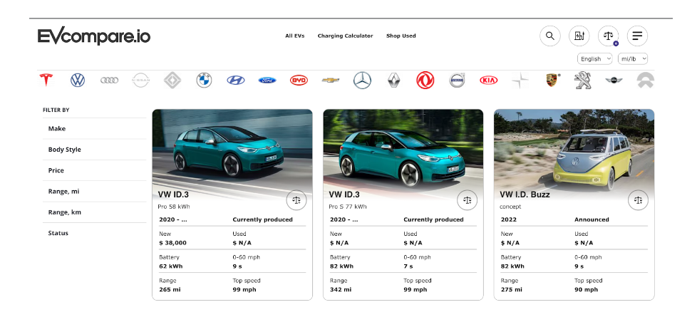 An example of an EV charging marketplace - https://greencarscompare.com/