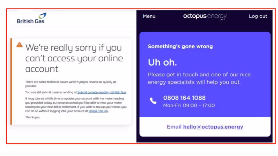 Screenshots of error messages across some of the UK’s biggest energy companies' websites