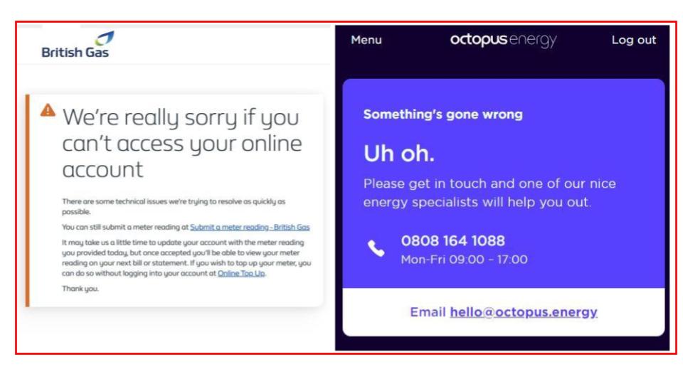 Screenshots of error messages across some of the UK’s biggest energy companies' websites