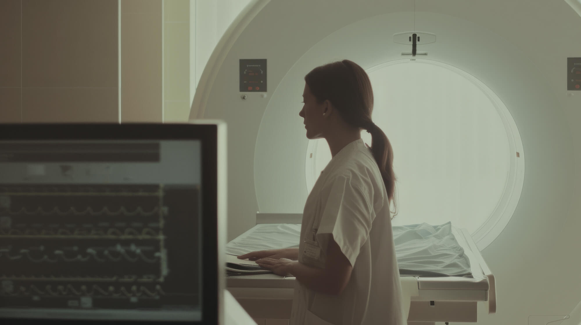 Zorgverlener in witte jas naast een CT-scanner in een medische faciliteit.