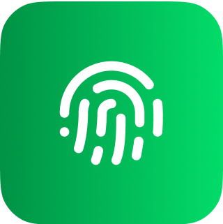 White fingerprint icon on a rounded green gradient background.