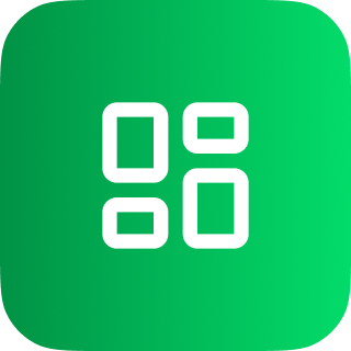 White grid icon with four rounded rectangles on a green rounded square background.