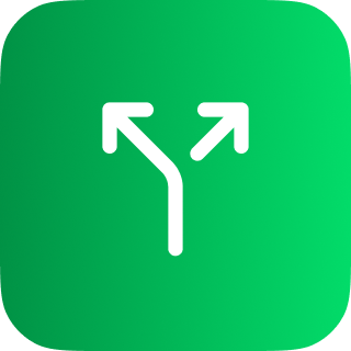 White diverging arrows pointing up-left and up-right on a green rounded square background.
