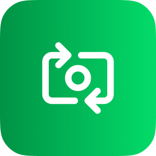 White camera swap or rotate icon with two curved arrows on a green rounded square background.