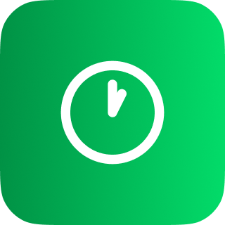 White clock icon showing 12 o'clock on a green rounded square background.
