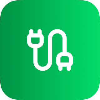 White electrical plug and socket icon on a green rounded square background.