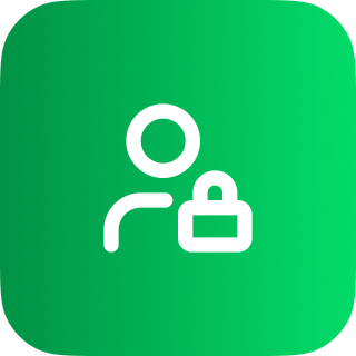User profile icon with a padlock symbol on a green rounded square background.