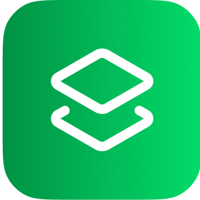 White layered stack icon on green rounded square background.