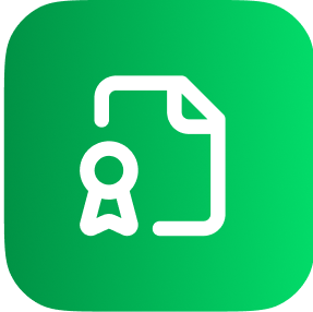 White document icon with a certificate ribbon on a green rounded square background.