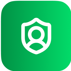 White user profile icon inside a shield on a rounded green square background.