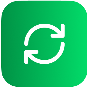 White circular refresh arrow icon on green rounded square background.