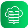 White cloud with stacked server icons inside, on a green rounded square background representing cloud storage or cloud computing.