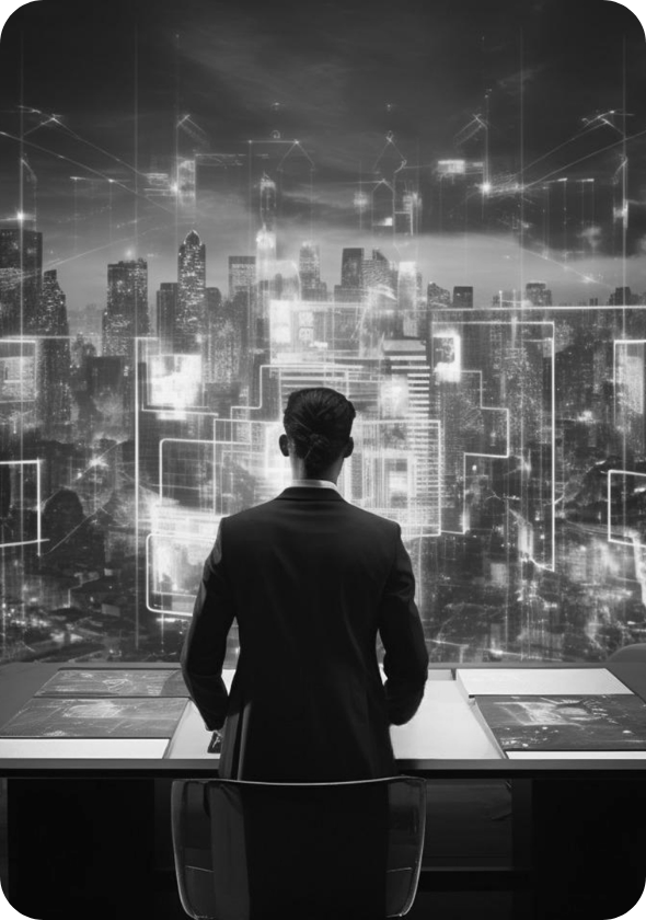 Person in a suit standing at a desk looking at a city skyline overlaid with digital network and technology graphics.