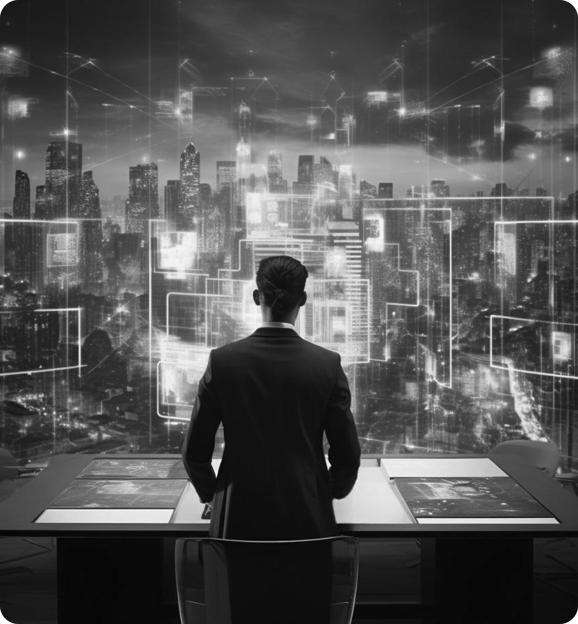 Person in a suit standing at a desk looking at a city skyline overlaid with digital network and technology graphics.