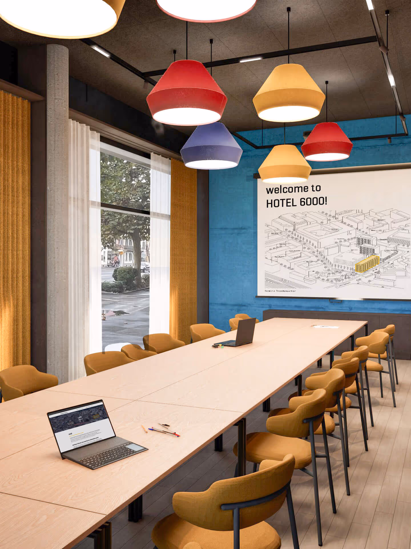 Heller, modern ausgestatteter Meetingraum im Hotel 6000 mit großem Konferenztisch und Präsentationstechnik.