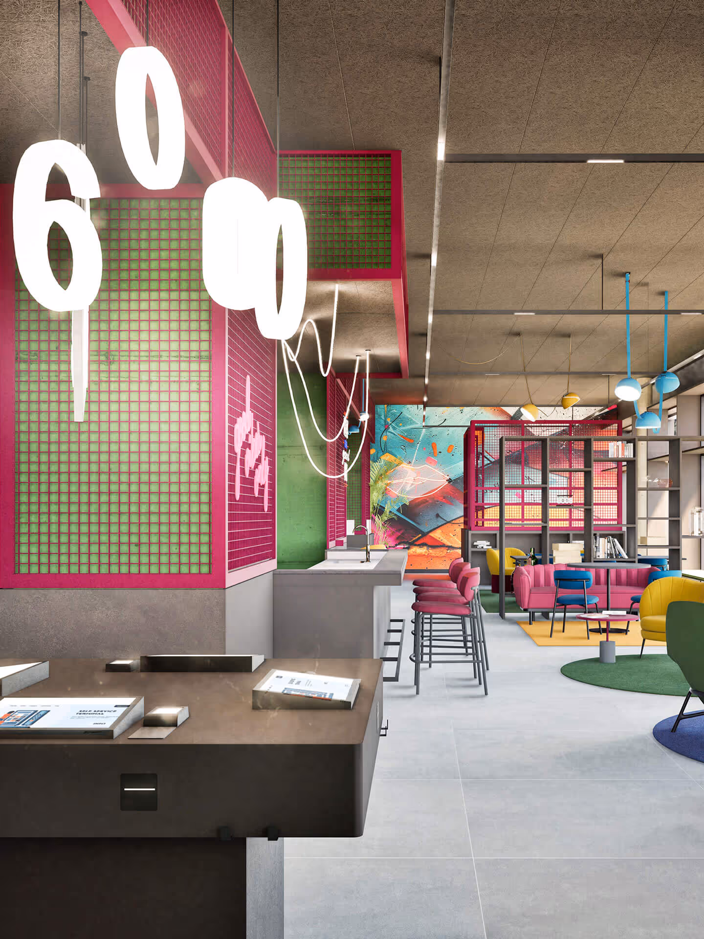 Helles, modern gestaltetes Lobby-Interieur im Hotel 6000 mit Sitzbereichen und bunten Designelementen.