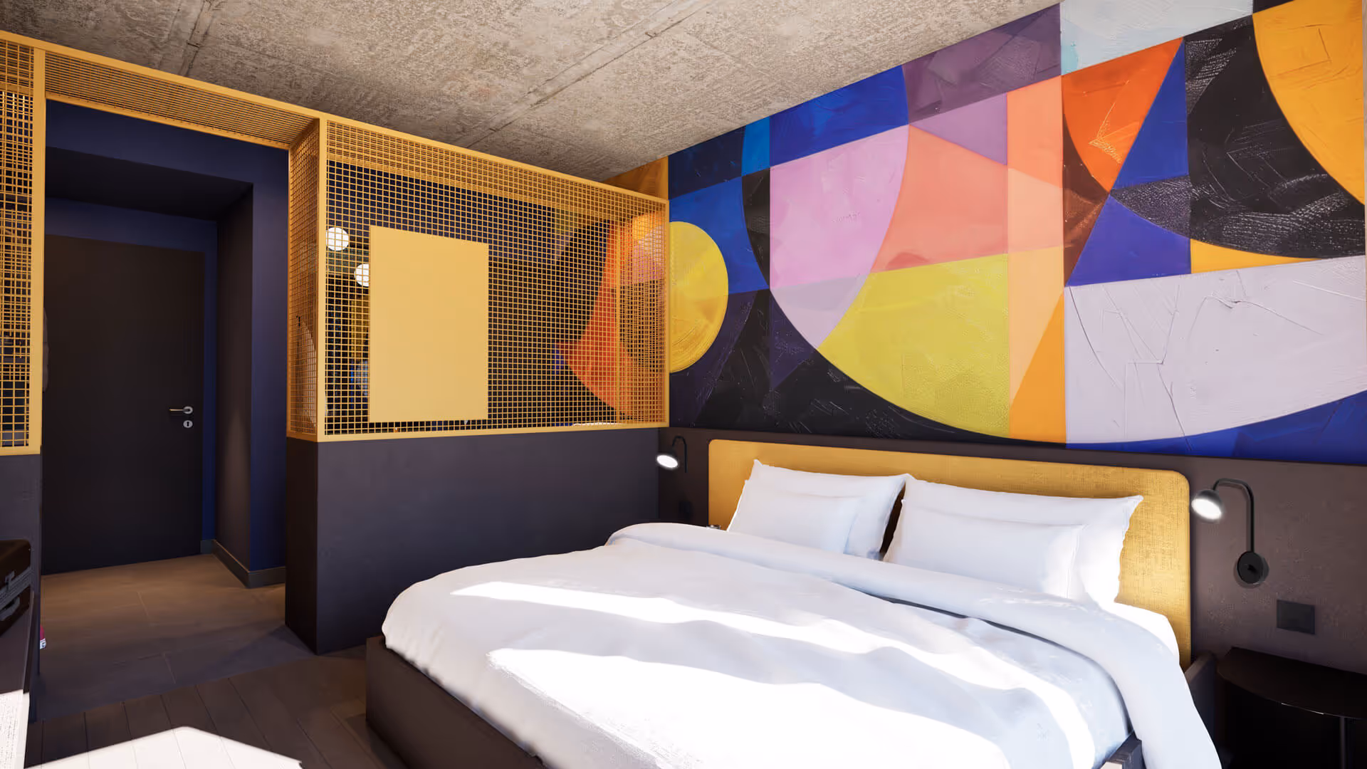 Digitales Rendering eines modernen Hotelzimmers mit farbenfrohen Tapeten und urbaner Einrichtung.