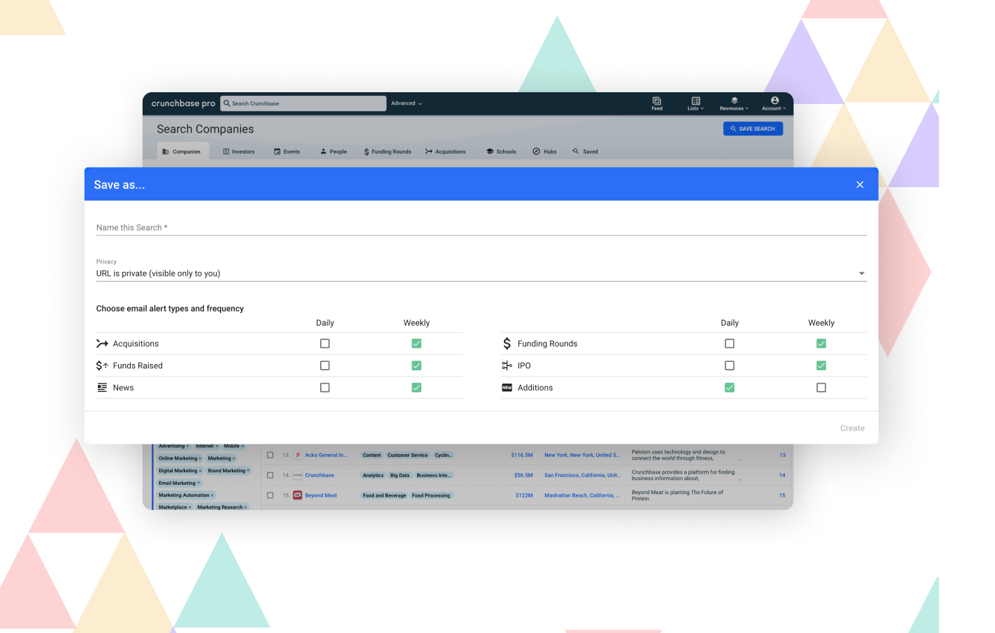 Save lists and set custom alerts with Crunchbase