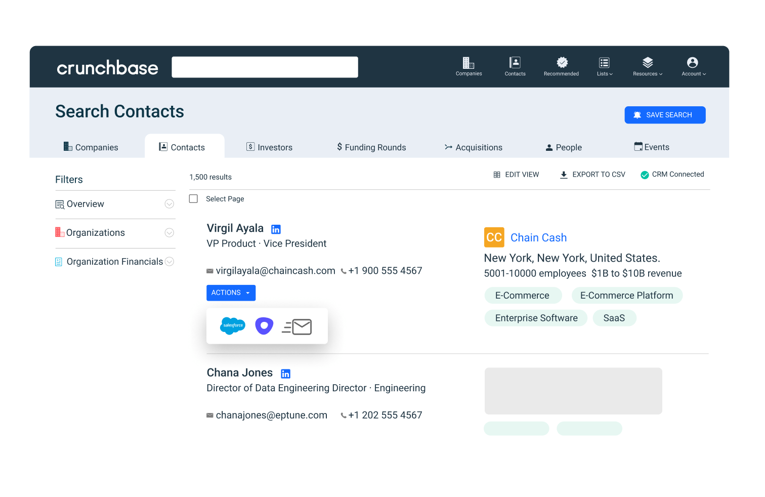 Crunchbase contact search with push to Salesforce, Outreach, or send email feature popup
