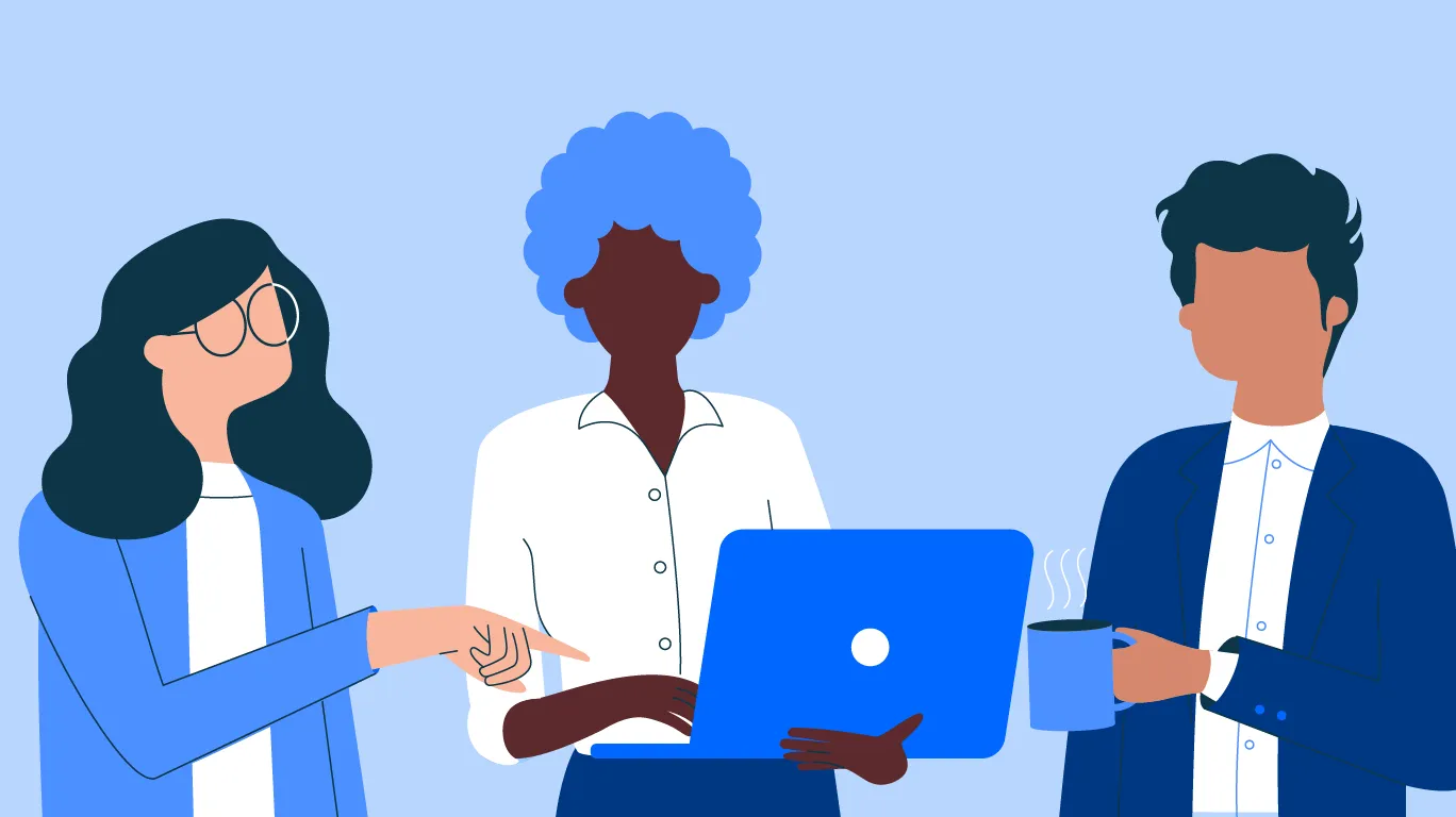 Three diverse colleagues collaborating, one pointing at a laptop screen, another typing, and a third holding a steaming coffee mug.