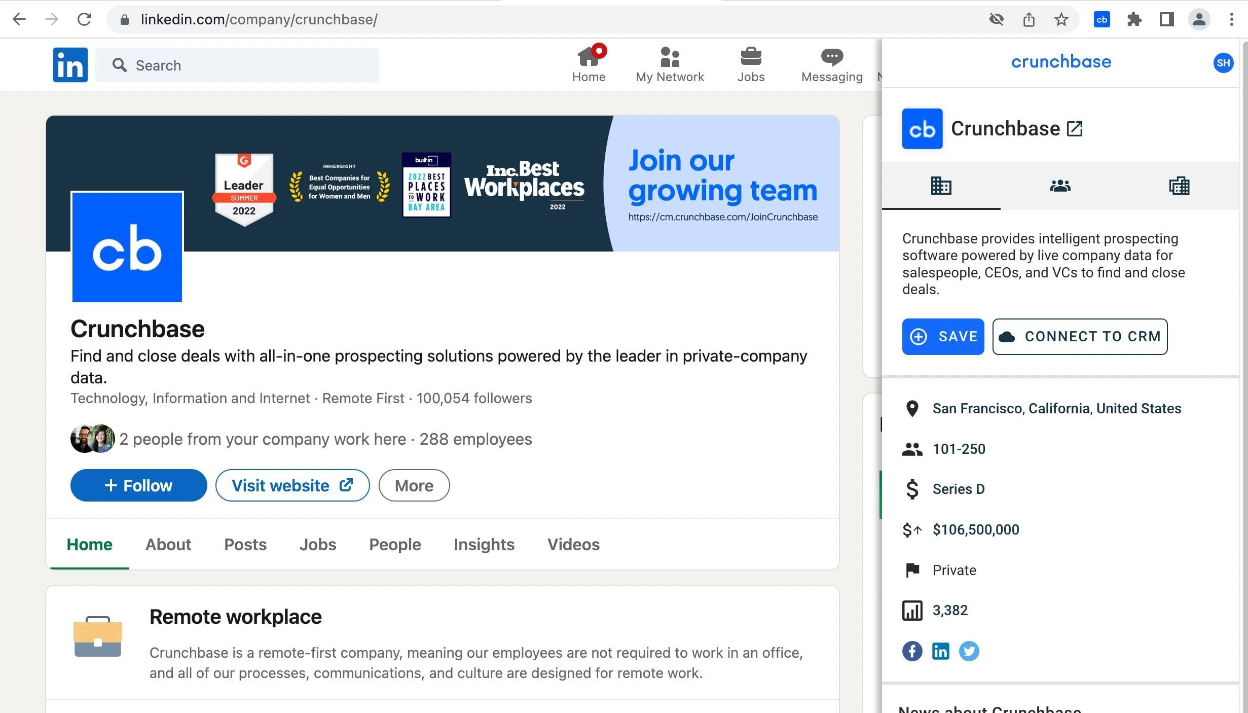 Crunchbase Chrome extension on LinkedIn profile page