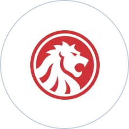 Red lion head emblem facing right inside a circular border.