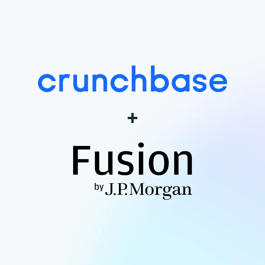 Text logo showing 'crunchbase' in blue and 'Fusion by J.P. Morgan' in black on a light gradient background.