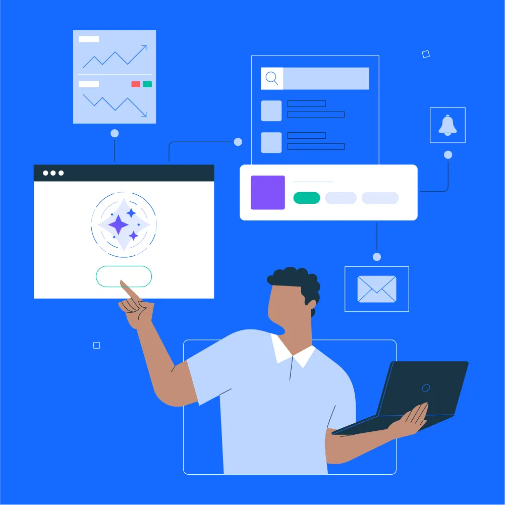 Illustration of a person holding a laptop and pointing at a floating webpage interface with connected icons for charts, notifications, and email against a blue background.