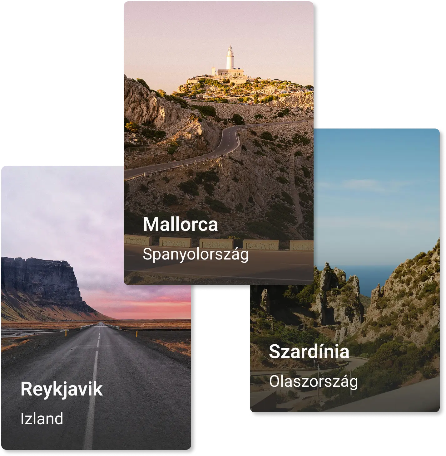 Mallorca, Reykjavik és Szardínia úti célokat ábrázoló kollázs