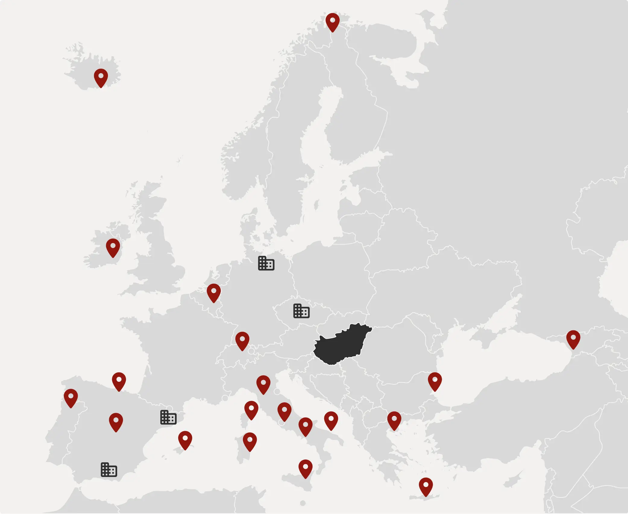 Európa térkép, amelyen ki van emelve Magyarország és fel vannak tűntetve a jelenlegi úti célok és raktárak.
