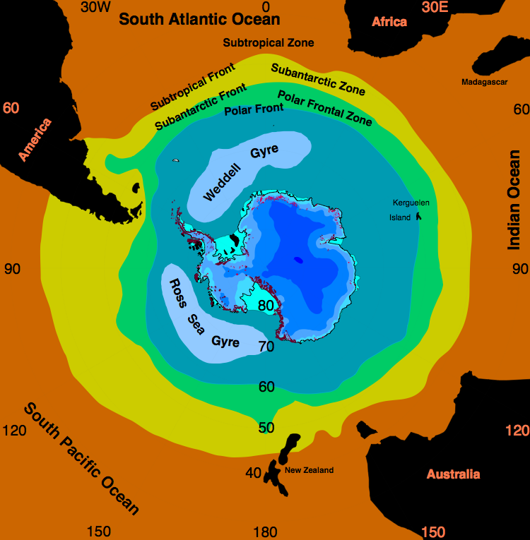 Map showing the Weddell Gyre within the Antarctic frontal system