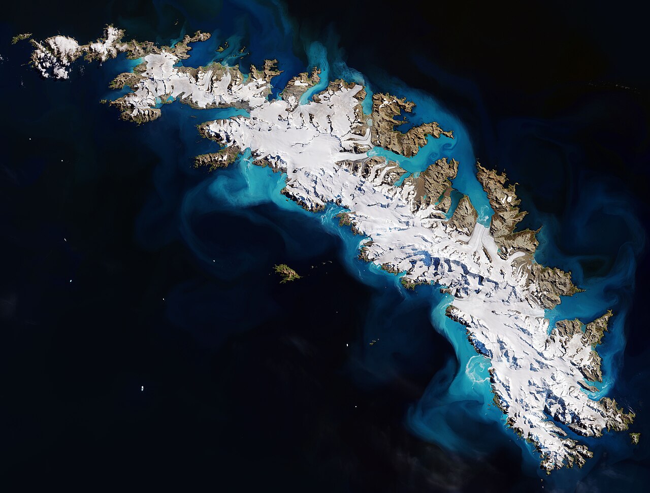 Sentinel-2 satellite view of South Georgia Island showing surrounding waters where natural iron fertilization occurs.