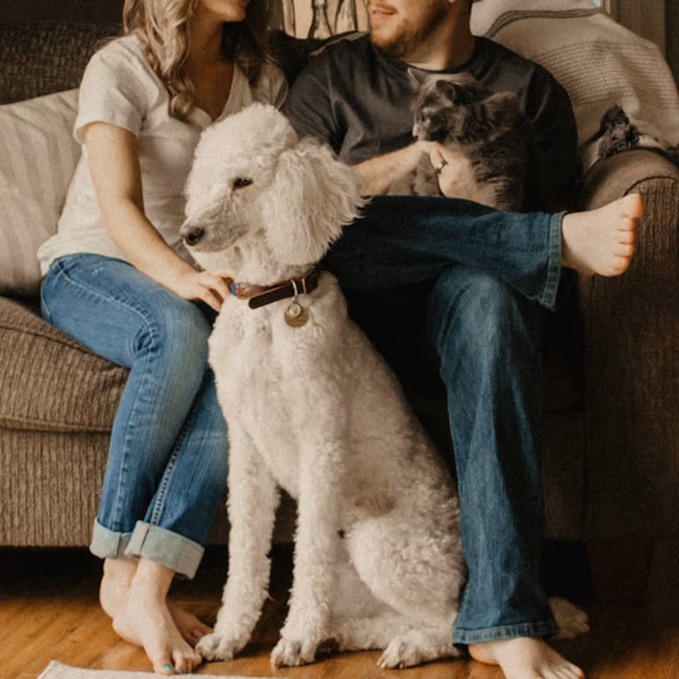 A portrait of a couple with a white fluffy dog sitting
