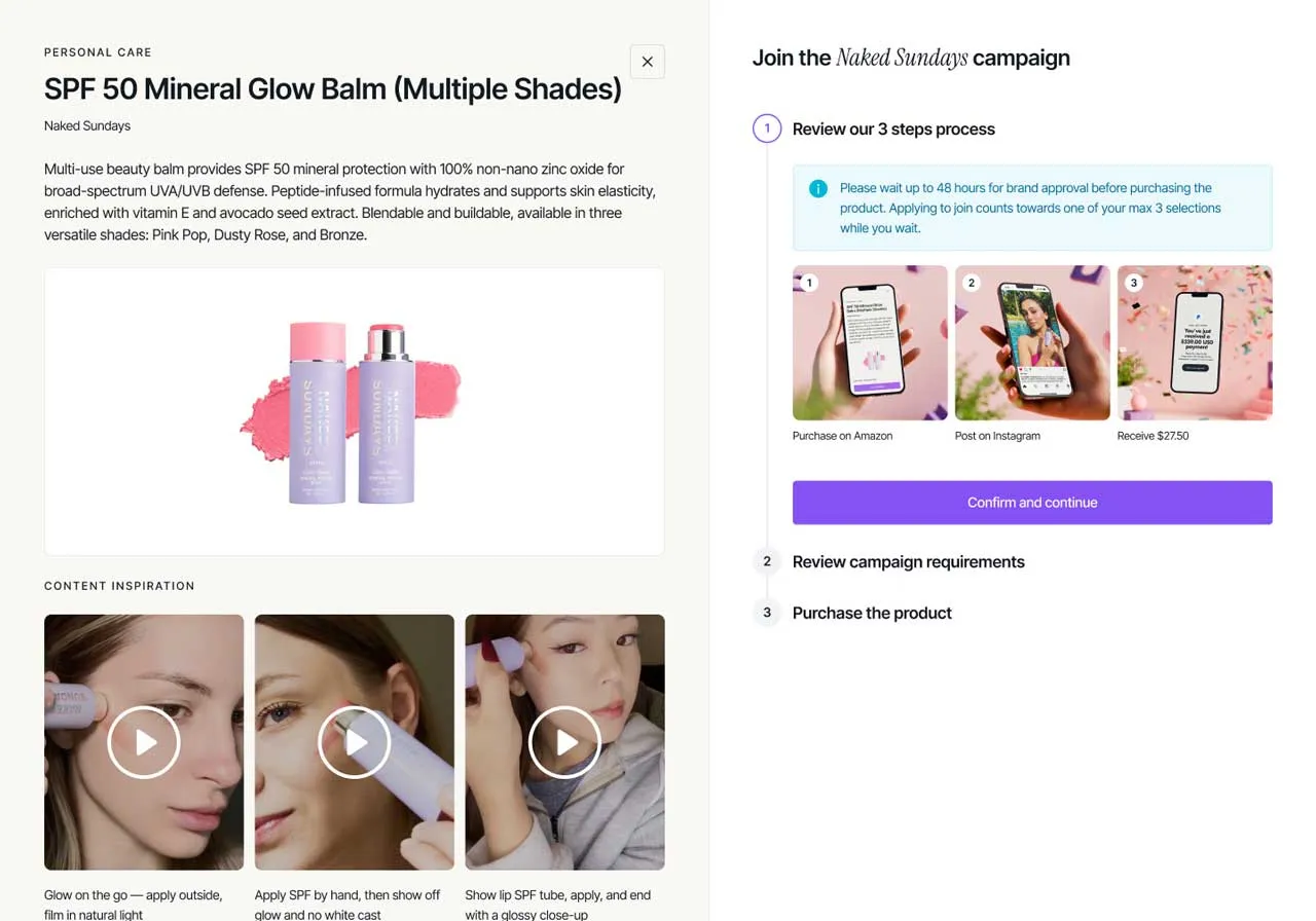 Product pageshowing two balm sticks with pink caps, product description, three video tutorials for application, and steps to join the influencer campaign.