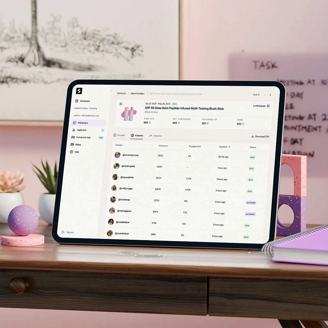 Tablet on a wooden desk displaying an influencer campaign dashboard for a multi-tasking blush stick, with followers, engagement, and status details.