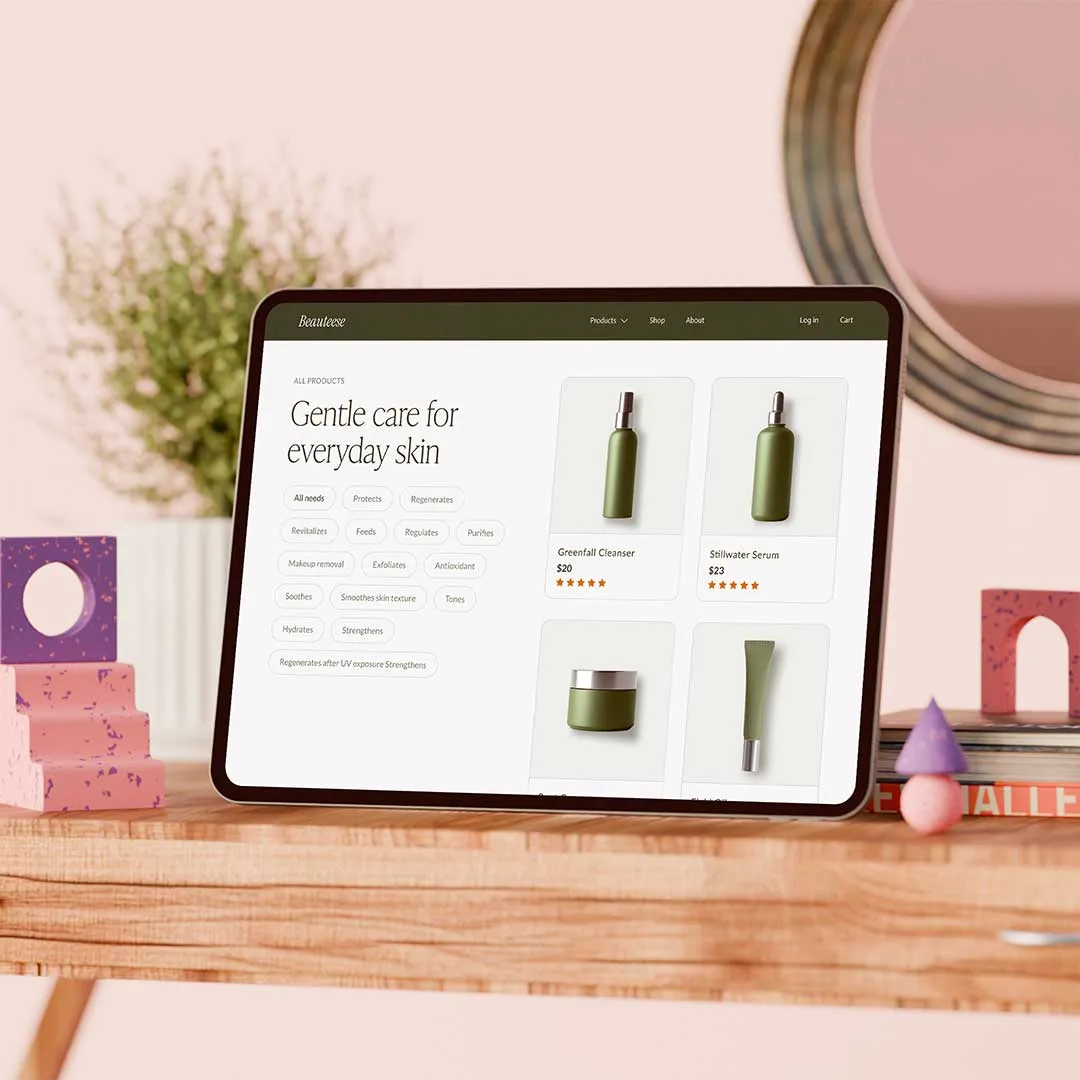Tablet on a wooden desk displaying an online skincare shop with green product bottles and the text 'Gentle care for everyday skin.'