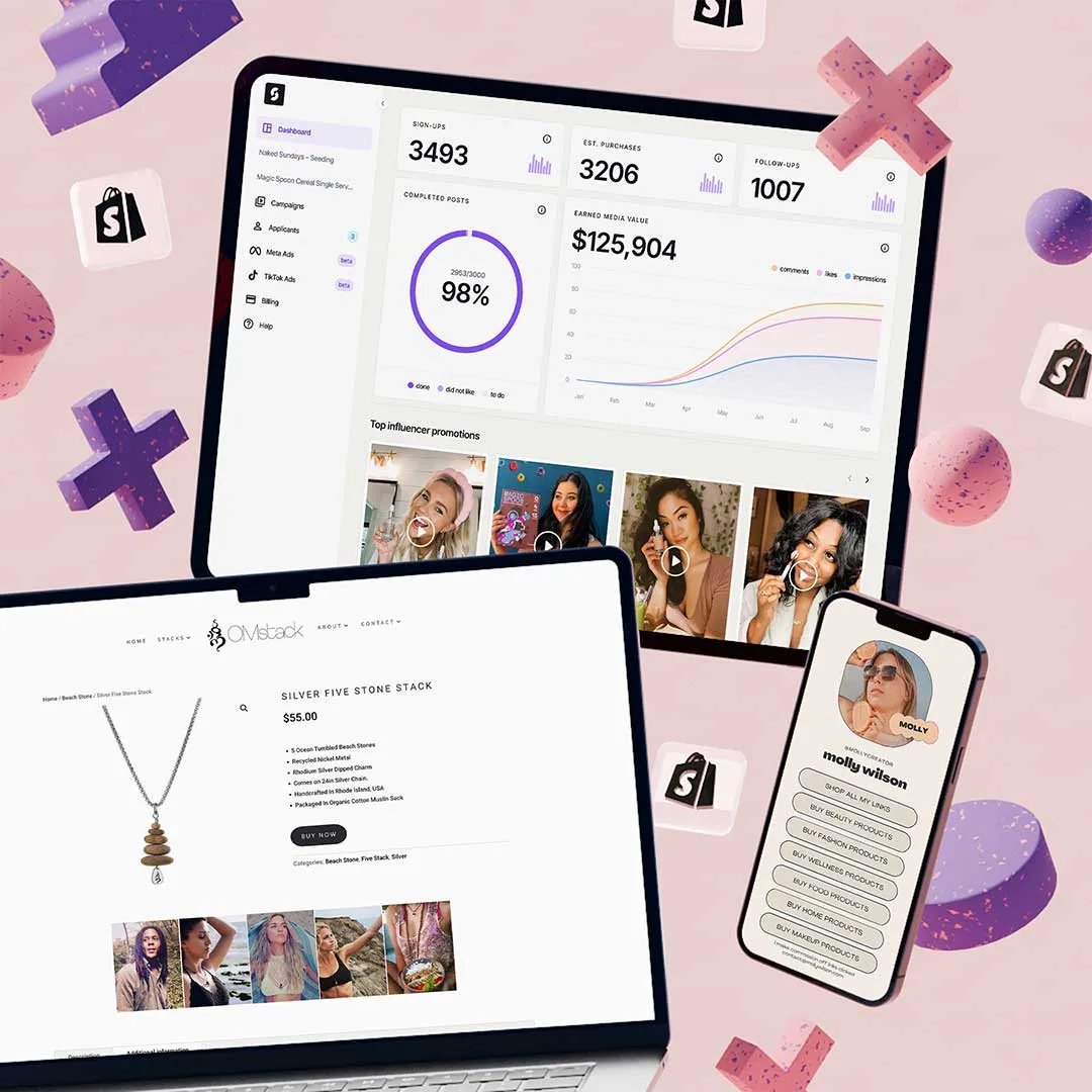 Tablet displaying influencer marketing dashboard with stats, a laptop showing an online store page for a Silver Five Stone Stack necklace, and a smartphone with a creator profile and shopping options.