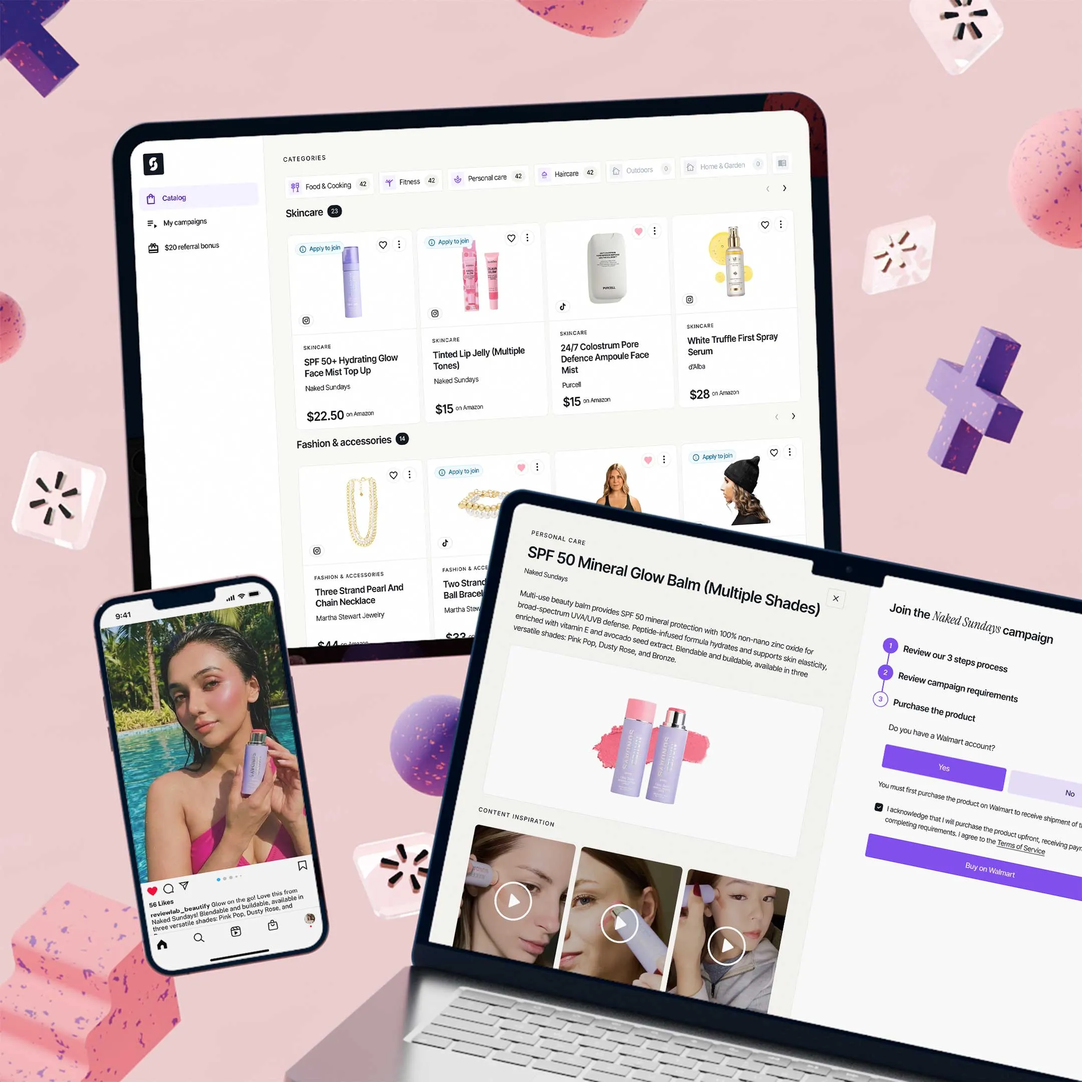Devices showing skincare and fashion products on an e-commerce platform with details for SPF 50 Mineral Glow Balm campaign including product images and steps to join.