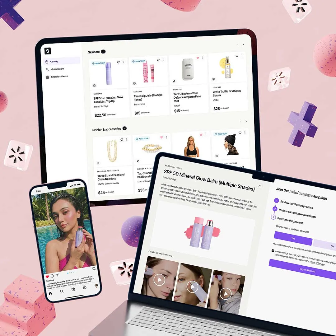 Devices showing skincare and fashion products on an e-commerce platform with details for SPF 50 Mineral Glow Balm campaign including product images and steps to join.