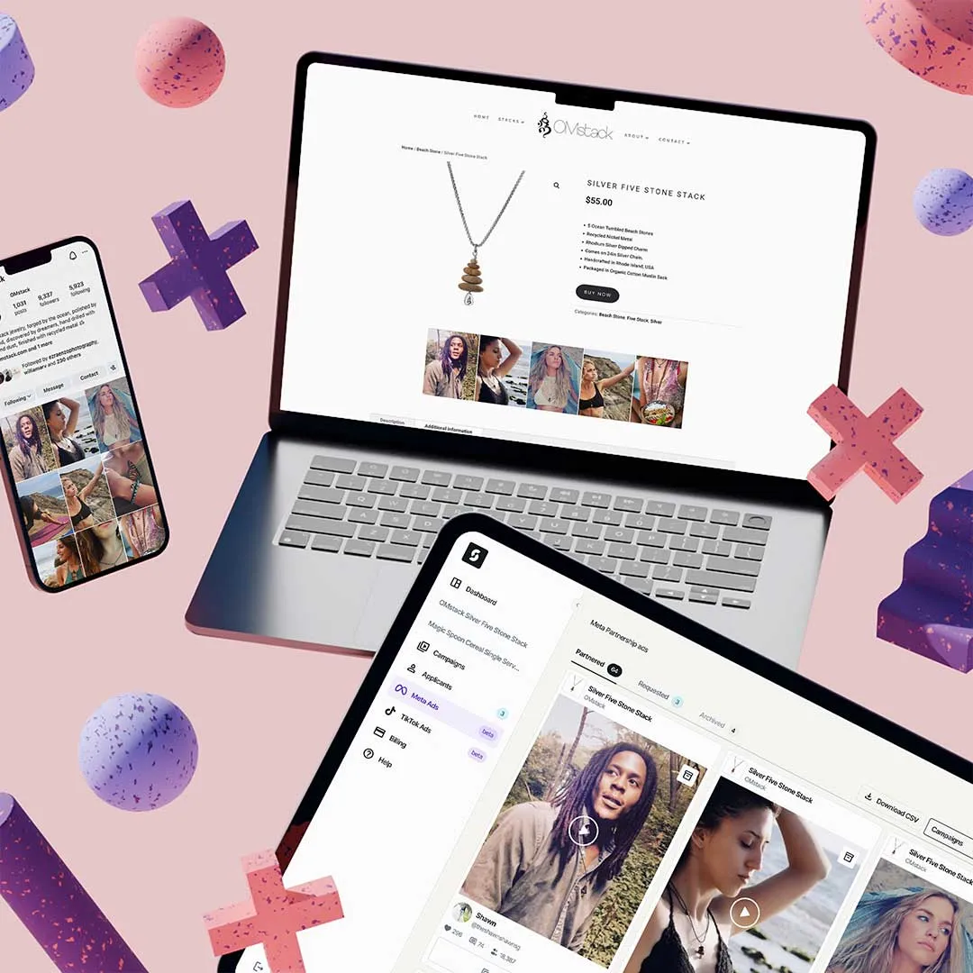 Devices showing website with Silver Five Stone Stack necklace product page, social media profiles, and Meta Ads dashboard on a pink background with purple and pink 3D shapes.