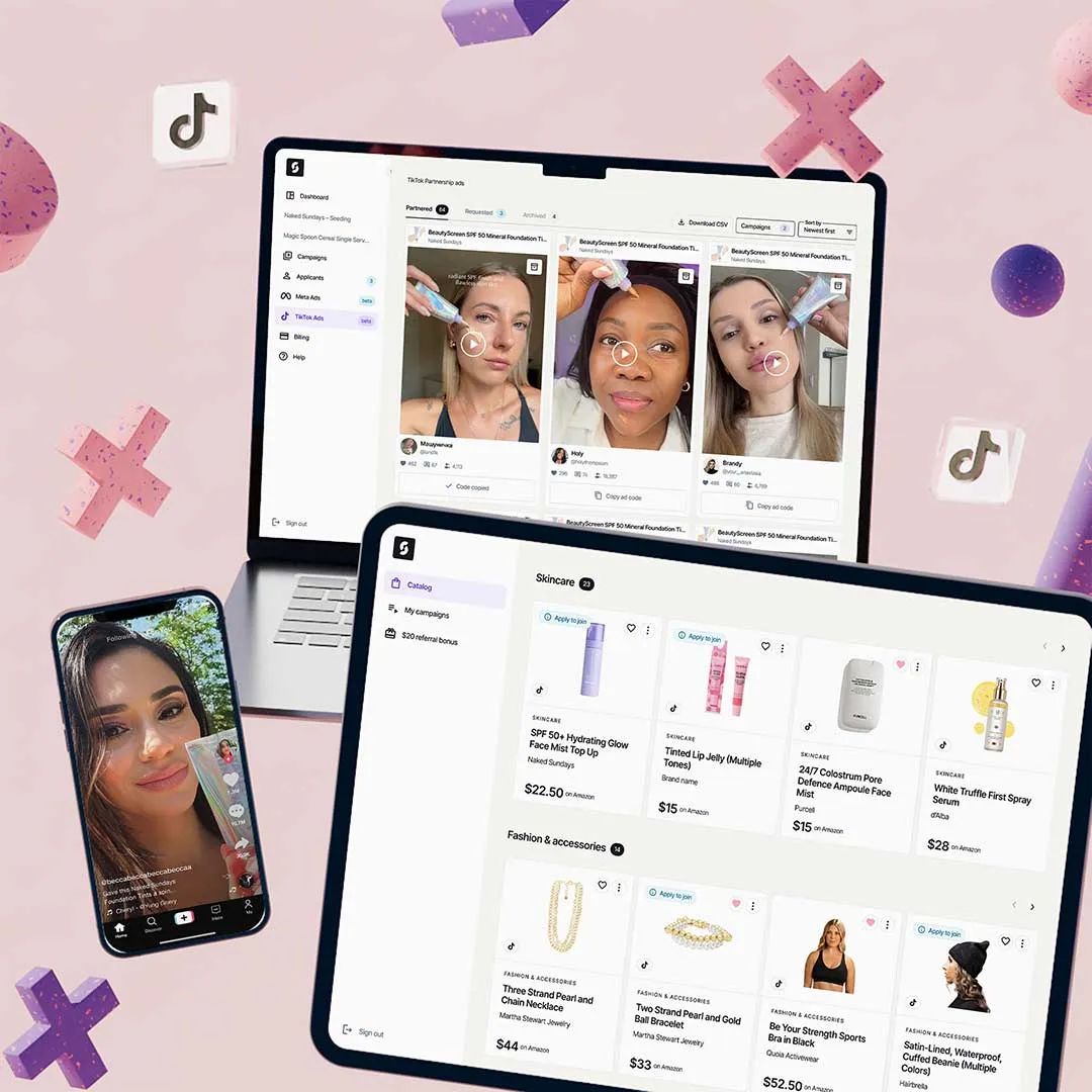 Digital devices showing TikTok influencer videos, skincare, and fashion product listings on a soft pink background with floating 3D TikTok icons and geometric shapes.