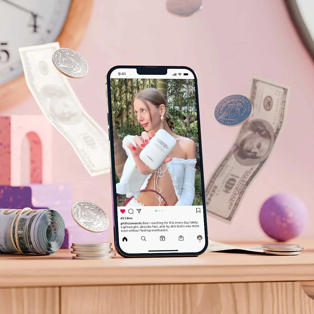 Smartphone on a wooden surface displays a woman in white holding a product, surrounded by floating US coins and bills.
