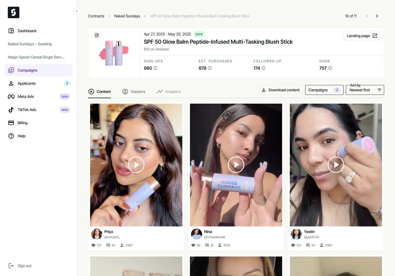 Dashboard interface showing an influencer campaign with three influencer video thumbnails featuring women holding or applying the product.