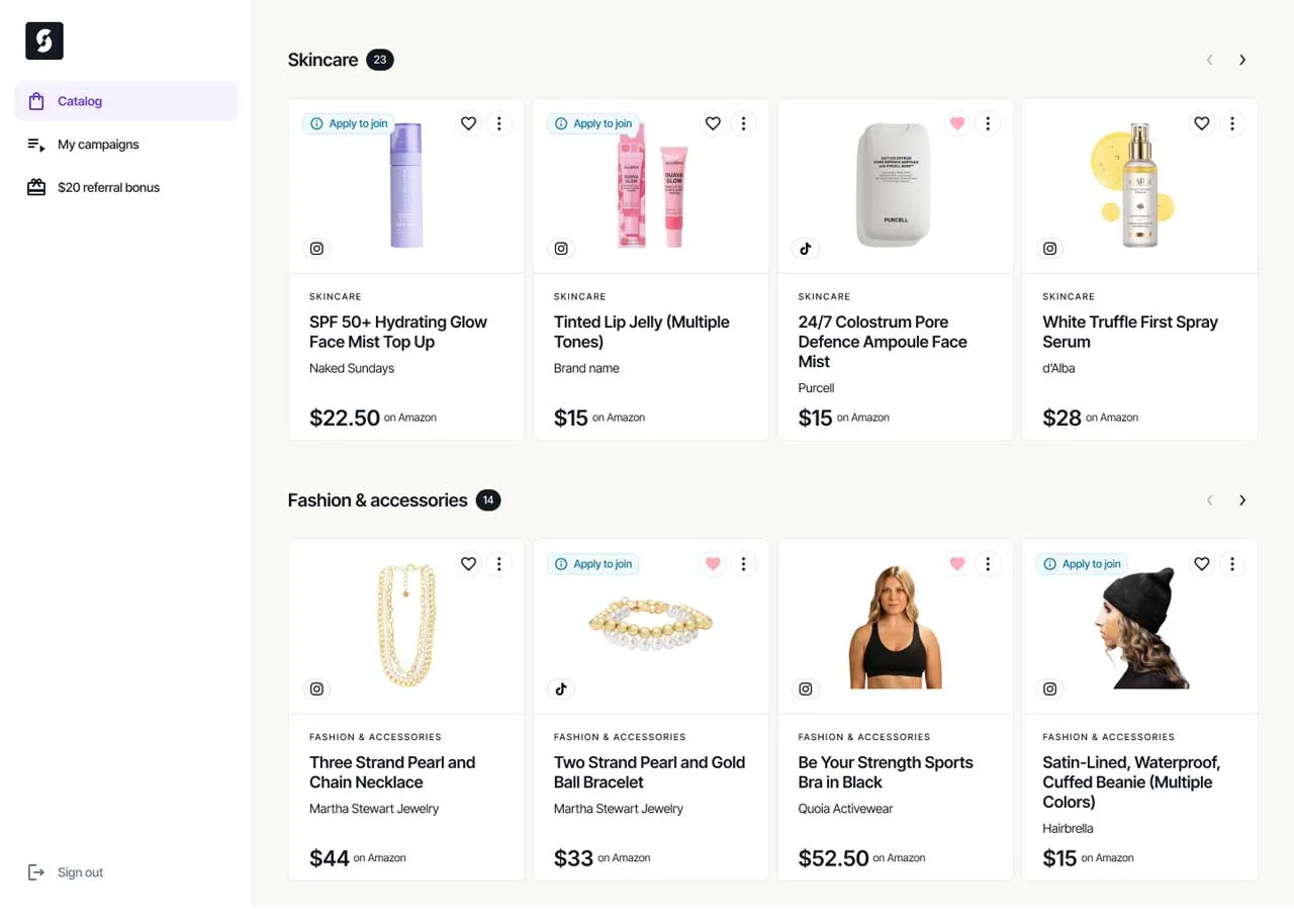 Screenshot of an online catalog showing skincare products, tinted lip jelly, colostrum pore face mist, white truffle serum, and fashion accessories such as pearl necklace, pearl and gold bracelet, black sports bra, and a cuffed beanie.