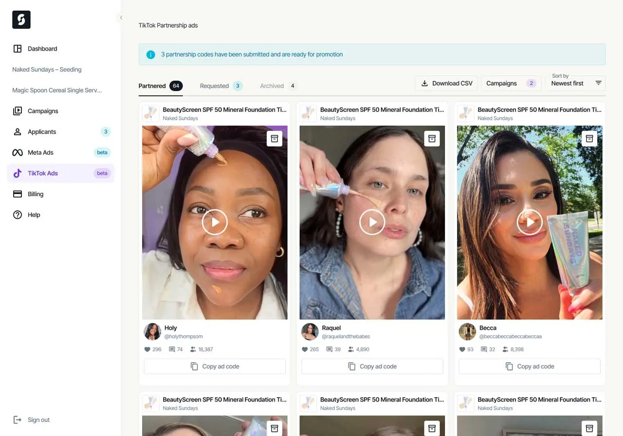 Dashboard screen showing TikTok partnership ads with influencers applying product and copy ad code buttons.