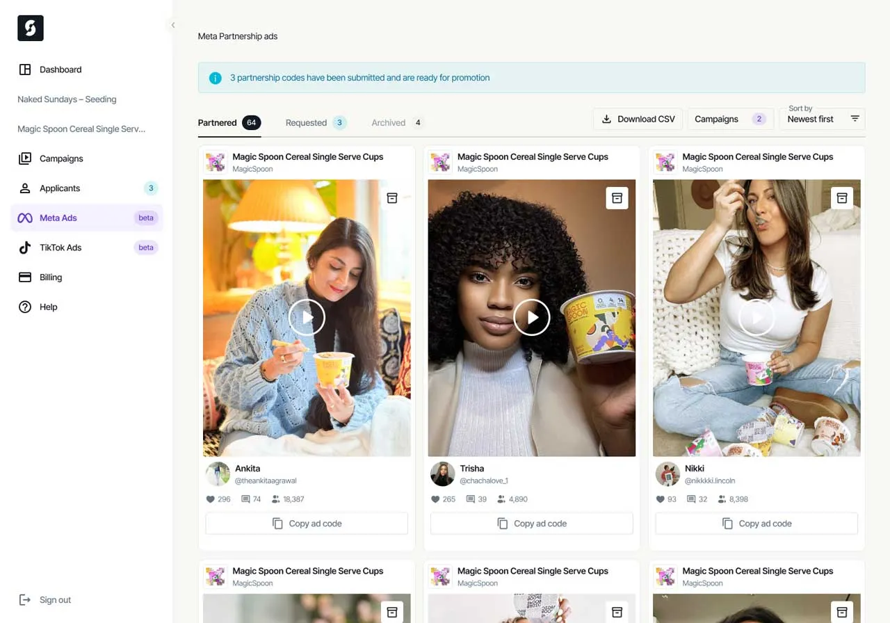 Meta Partnership ads dashboard showing six Cereal Single Serve Cups video ads by different creators ready for promotion.
